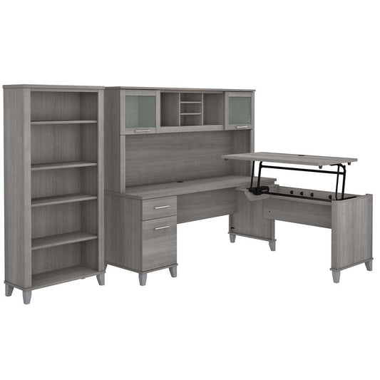 Bush Furniture - Somerset 72W 3 Position Sit to Stand L Shaped Desk with Hutch and Bookcase in Platinum Gray - SET017PG veiw 1