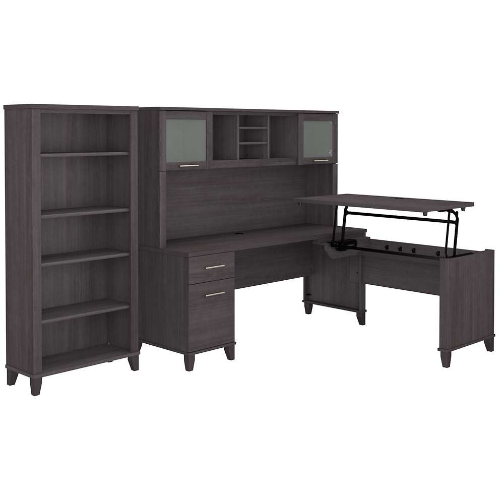 Bush Furniture - Somerset 72W 3 Position Sit to Stand L Shaped Desk with Hutch and Bookcase in Storm Gray - SET017SG veiw 1