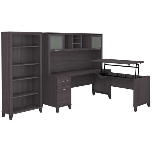 Bush Furniture - Somerset 72W 3 Position Sit to Stand L Shaped Desk with Hutch and Bookcase in Storm Gray - SET017SG veiw 1