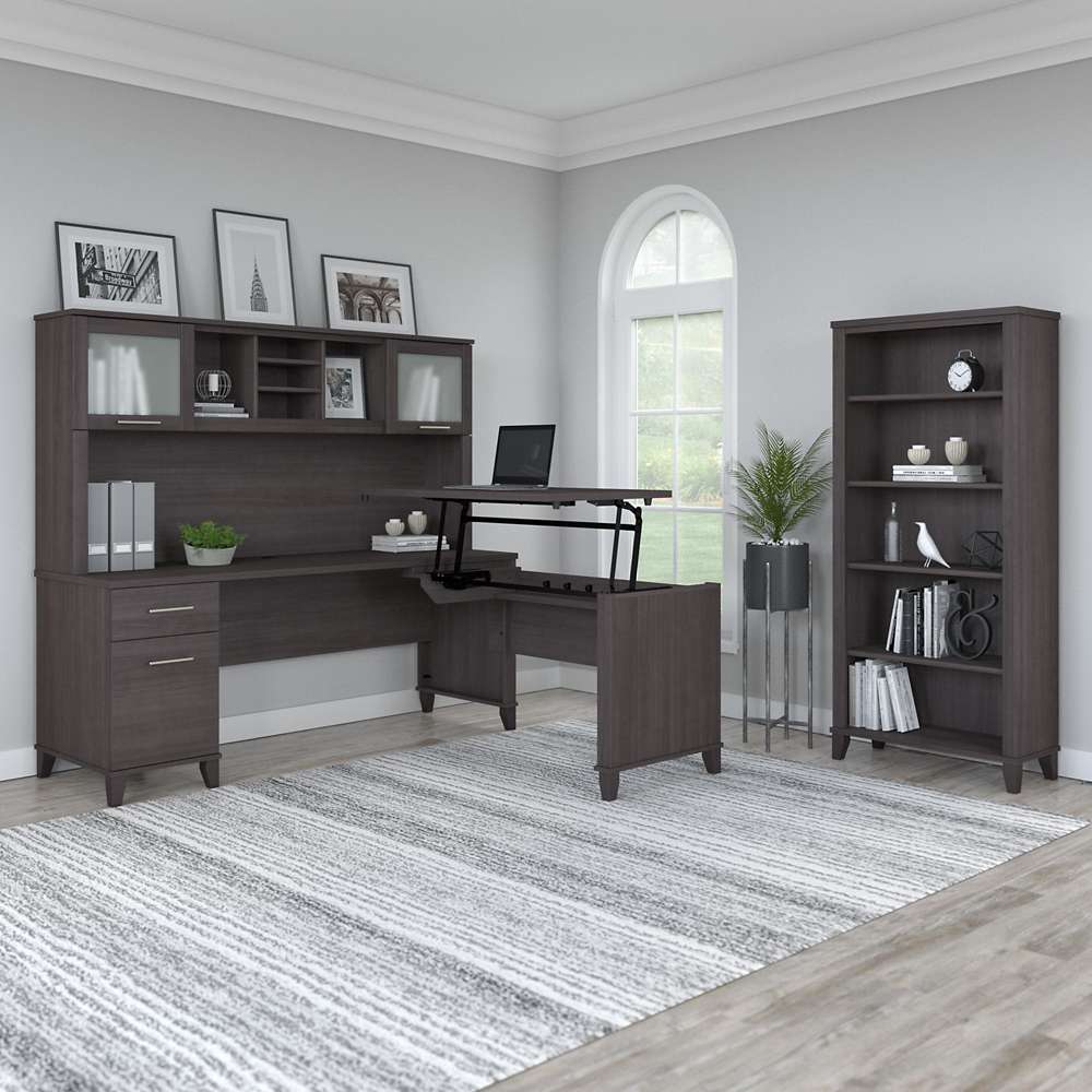 Bush Furniture - Somerset 72W 3 Position Sit to Stand L Shaped Desk with Hutch and Bookcase in Storm Gray - SET017SG veiw 4