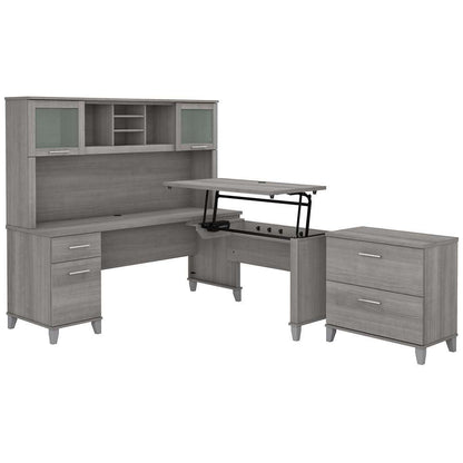 Bush Furniture - Somerset 72W 3 Position Sit to Stand L Shaped Desk with Hutch and File Cabinet in Platinum Gray - SET016PG veiw 1