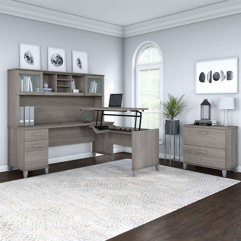 Bush Furniture - Somerset 72W 3 Position Sit to Stand L Shaped Desk with Hutch and File Cabinet in Platinum Gray - SET016PG veiw 4