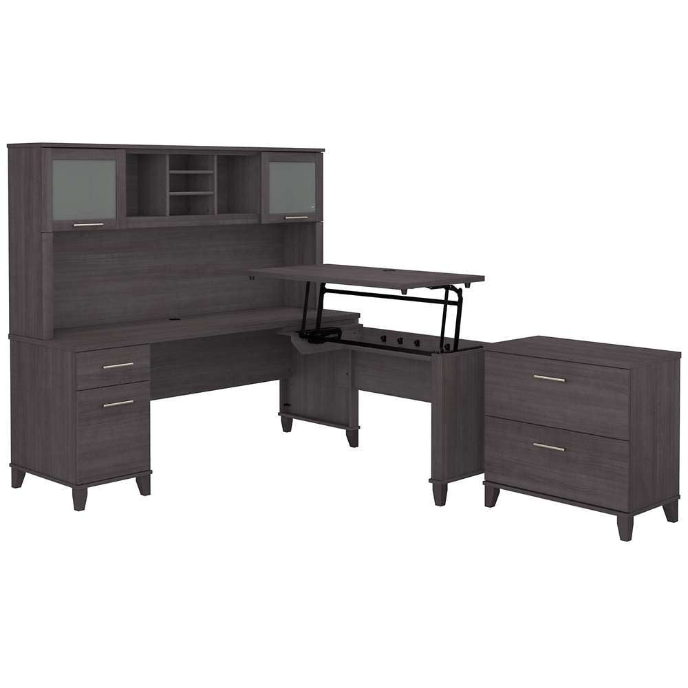 Bush Furniture - Somerset 72W 3 Position Sit to Stand L Shaped Desk with Hutch and File Cabinet in Storm Gray - SET016SG veiw 1