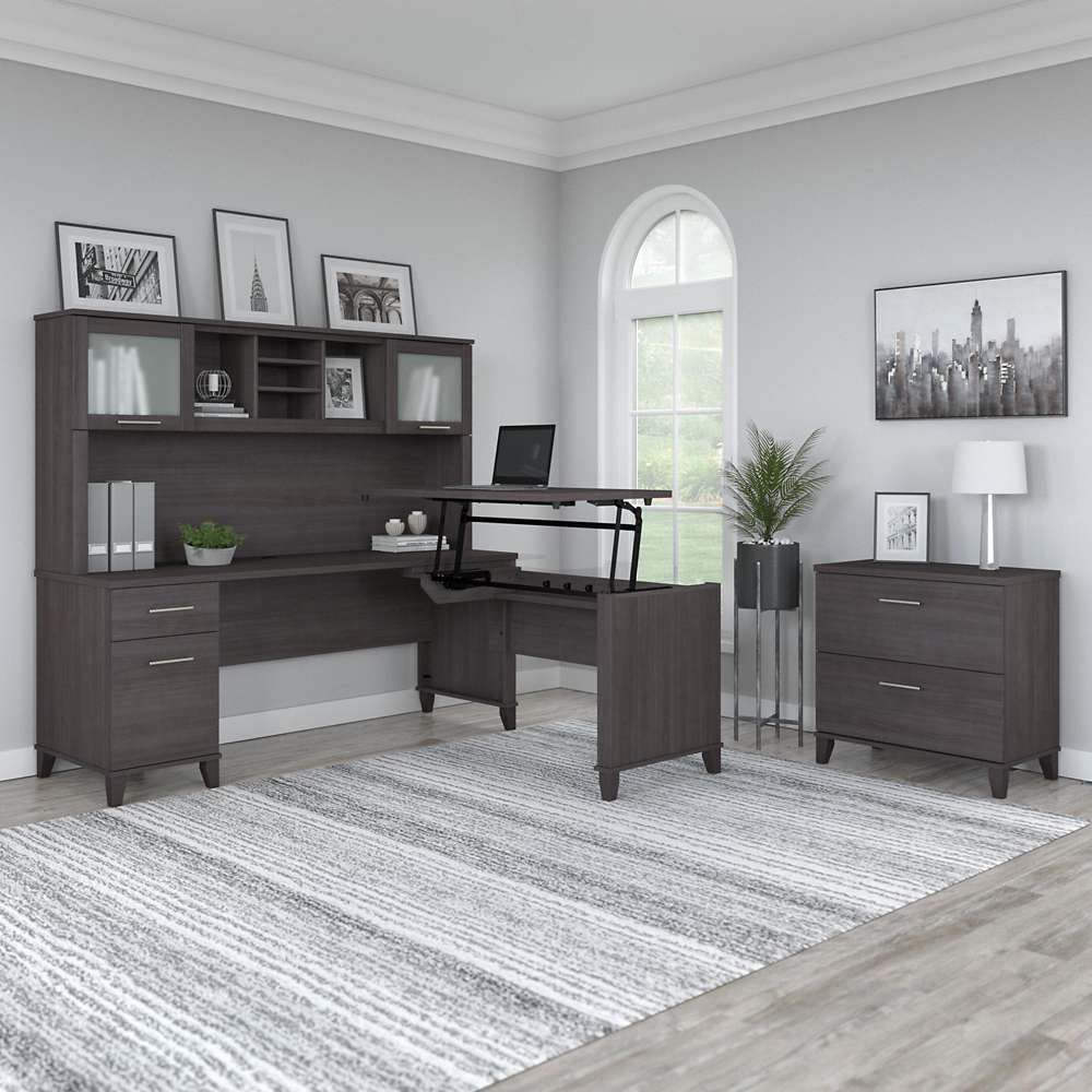 Bush Furniture - Somerset 72W 3 Position Sit to Stand L Shaped Desk with Hutch and File Cabinet in Storm Gray - SET016SG veiw 4