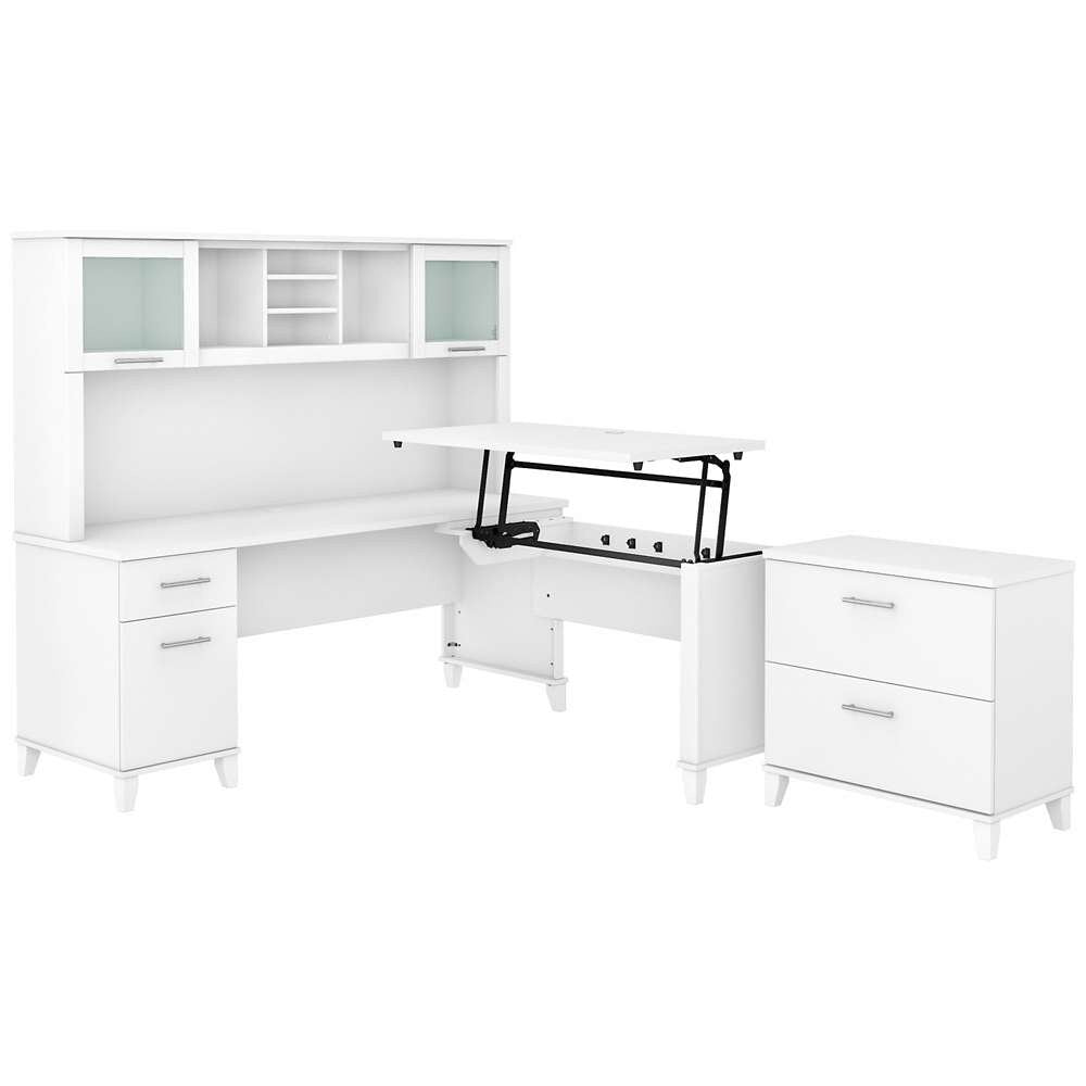 Bush Furniture - Somerset 72W 3 Position Sit to Stand L Shaped Desk with Hutch and File Cabinet in White - SET016WH veiw 1