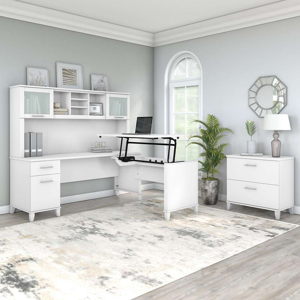 Bush Furniture - Somerset 72W 3 Position Sit to Stand L Shaped Desk with Hutch and File Cabinet in White - SET016WH veiw 4