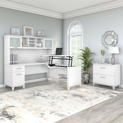 Bush Furniture - Somerset 72W 3 Position Sit to Stand L Shaped Desk with Hutch and File Cabinet in White - SET016WH veiw 4