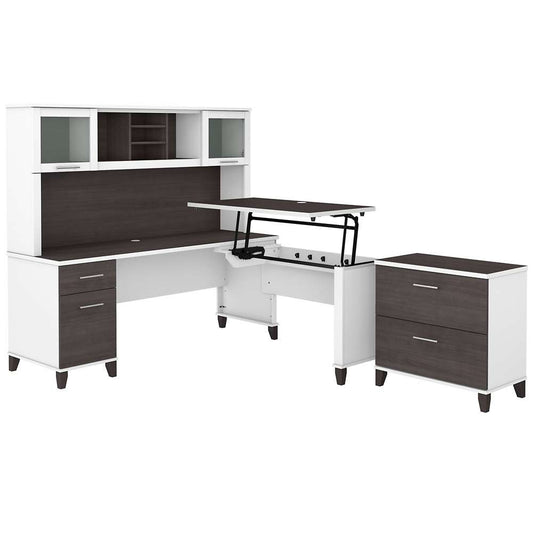 Bush Furniture - Somerset 72W 3 Position Sit to Stand L Shaped Desk with Hutch and File Cabinet in White and Storm Gray - SET016SGWH veiw 1