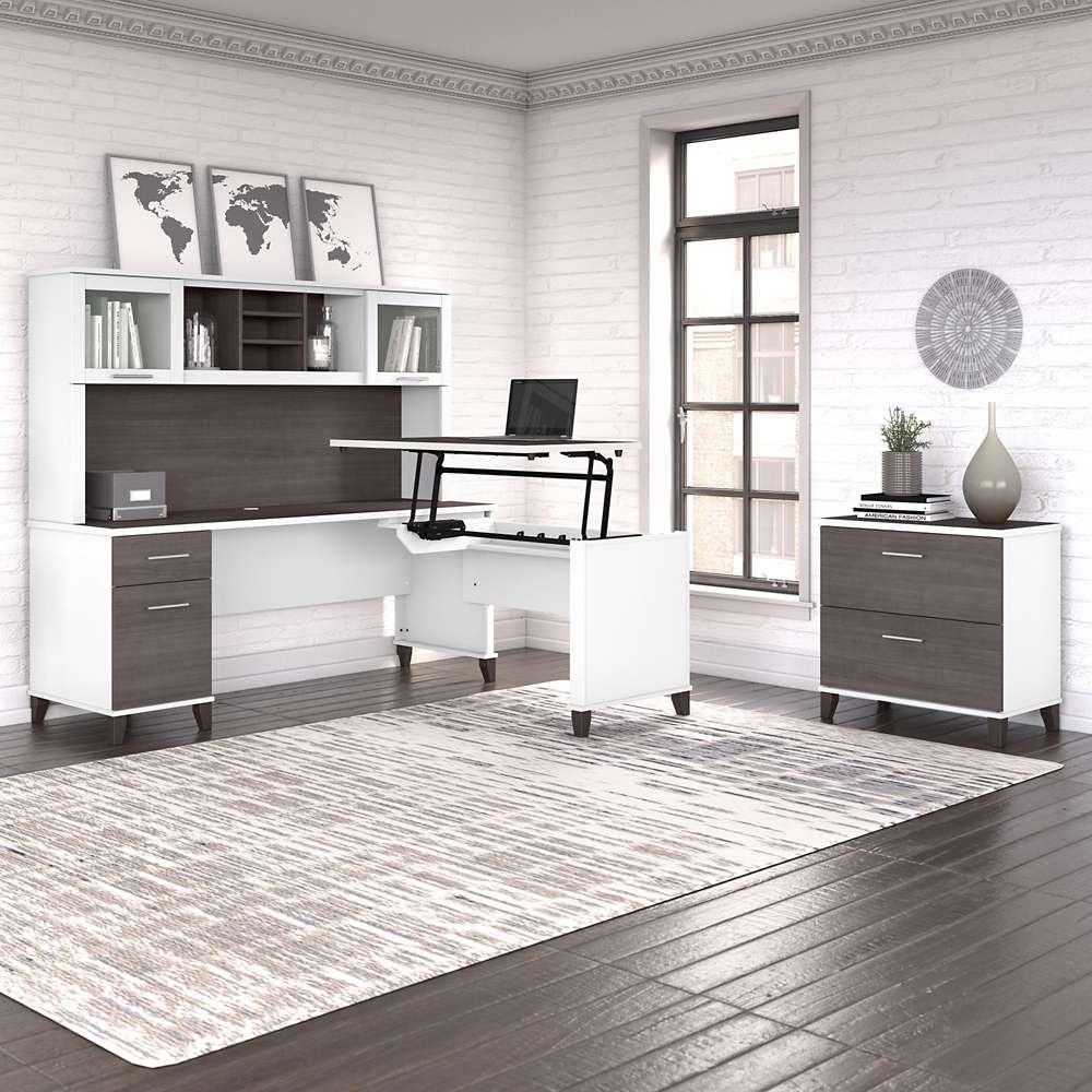 Bush Furniture - Somerset 72W 3 Position Sit to Stand L Shaped Desk with Hutch and File Cabinet in White and Storm Gray - SET016SGWH veiw 4