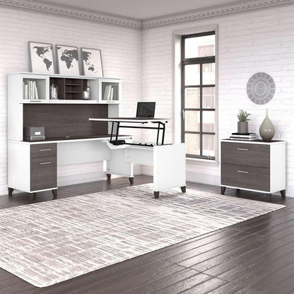 Bush Furniture - Somerset 72W 3 Position Sit to Stand L Shaped Desk with Hutch and File Cabinet in White and Storm Gray - SET016SGWH veiw 4