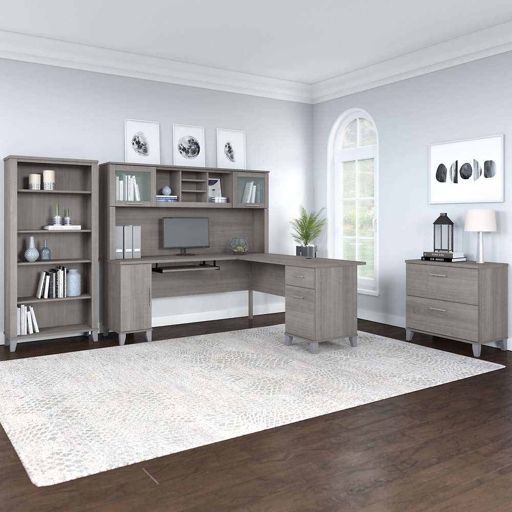 Bush Furniture - Somerset 72W L Shaped Desk with Hutch, Lateral File Cabinet and Bookcase in Platinum Gray - SET012PG veiw 4