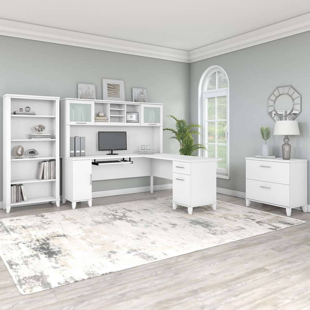 Bush Furniture - Somerset 72W L Shaped Desk with Hutch, Lateral File Cabinet and Bookcase in White - SET012WH veiw 4