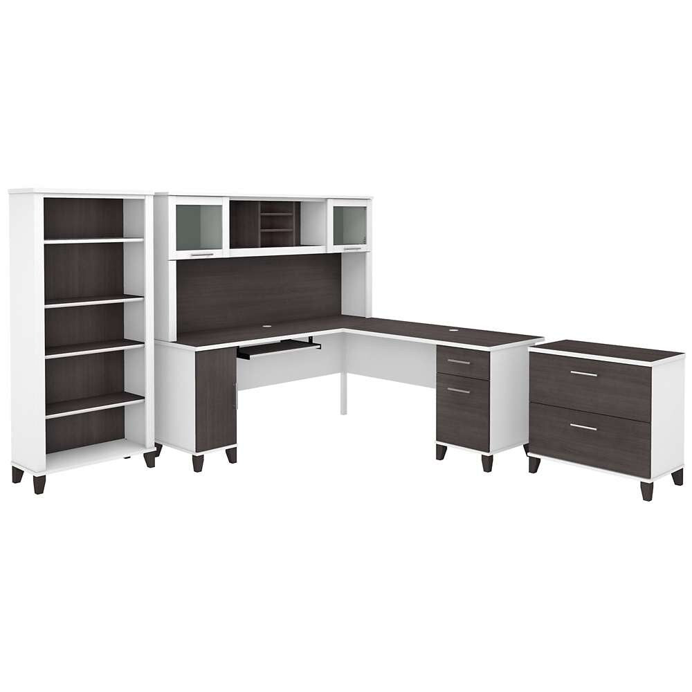Bush Furniture - Somerset 72W L Shaped Desk with Hutch, Lateral File Cabinet and Bookcase in White and Storm Gray - SET012SGWH veiw 1
