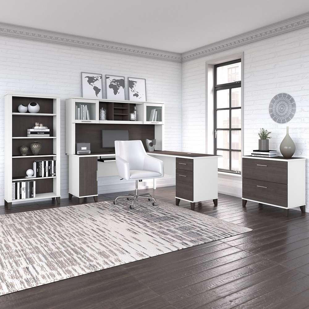 Bush Furniture - Somerset 72W L Shaped Desk with Hutch, Lateral File Cabinet and Bookcase in White and Storm Gray - SET012SGWH veiw 6