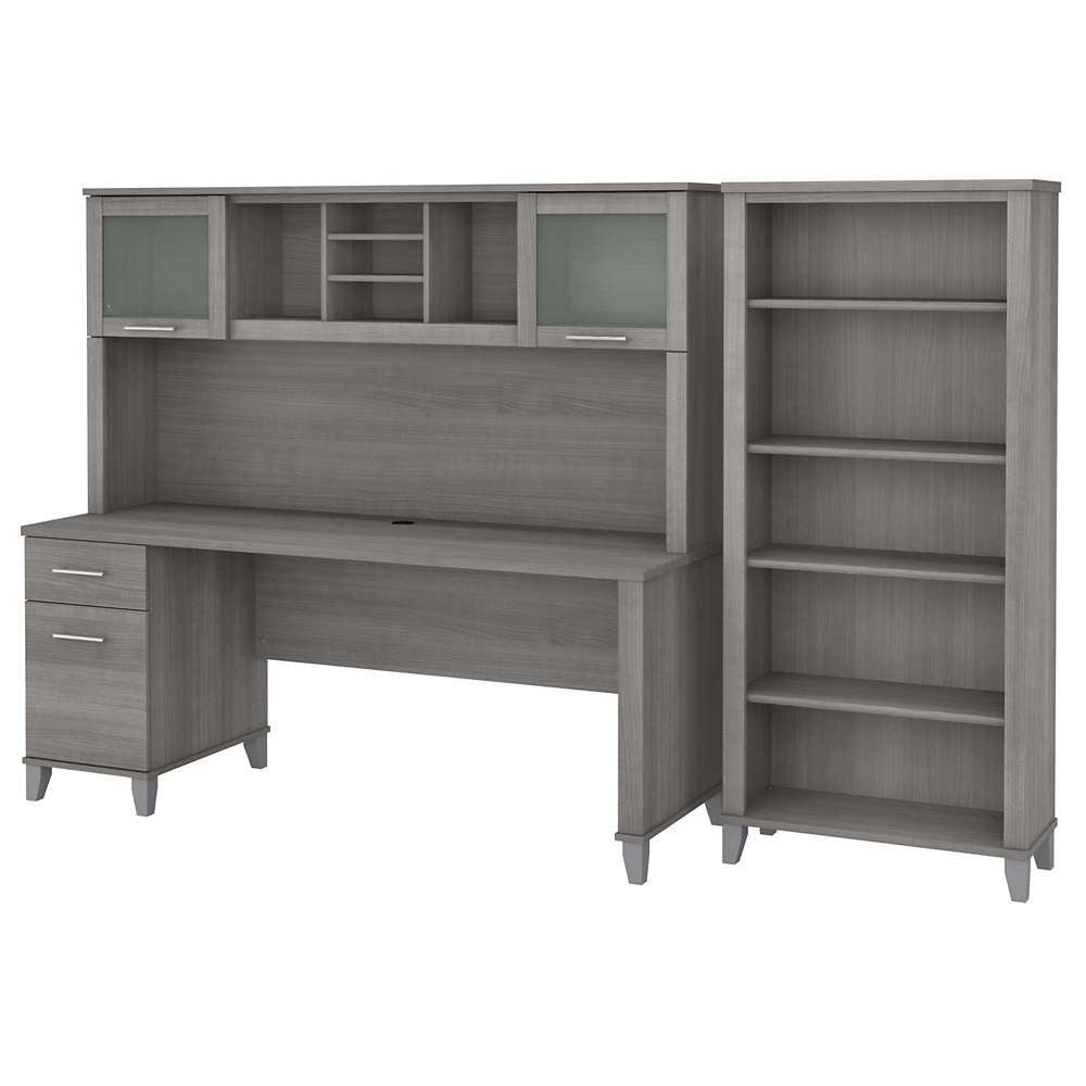 Bush Furniture - Somerset 72W Office Desk with Hutch and 5 Shelf Bookcase in Platinum Gray - SET020PG veiw 1