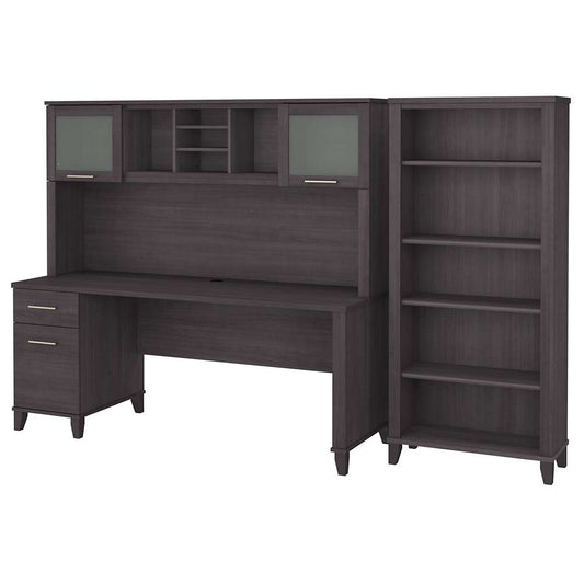 Bush Furniture - Somerset 72W Office Desk with Hutch and 5 Shelf Bookcase in Storm Gray - SET020SG veiw 1