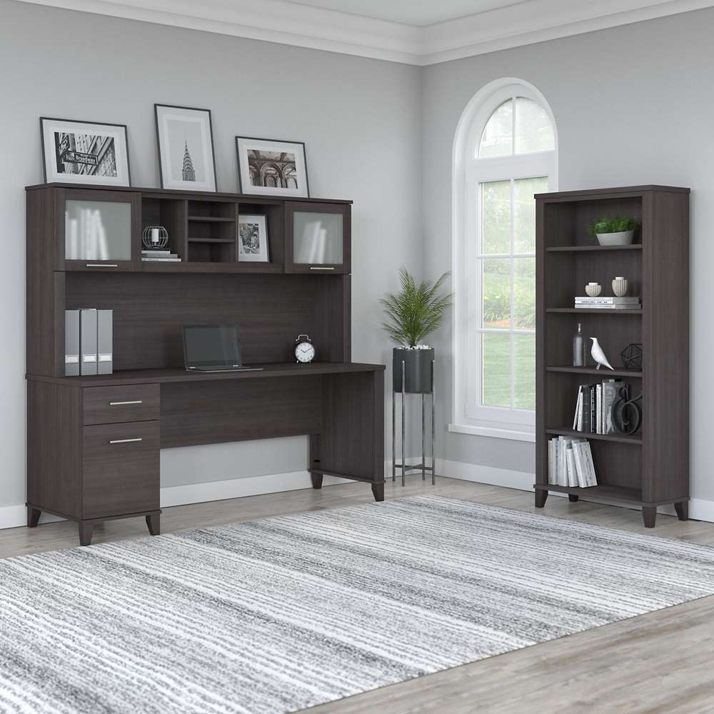 Bush Furniture - Somerset 72W Office Desk with Hutch and 5 Shelf Bookcase in Storm Gray - SET020SG veiw 4