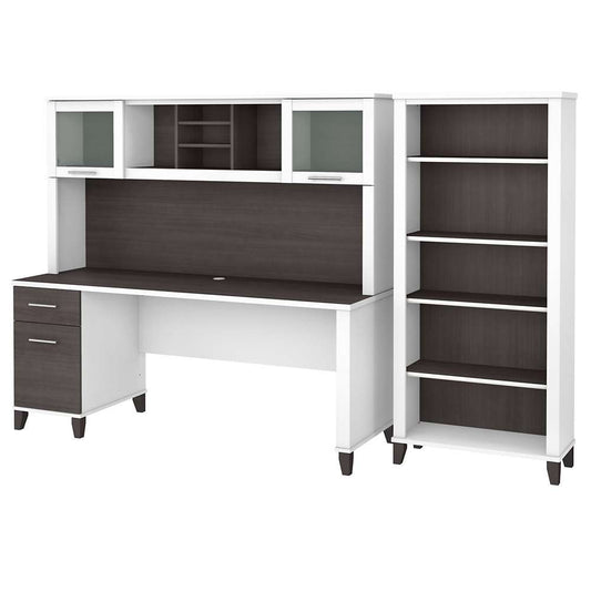 Bush Furniture - Somerset 72W Office Desk with Hutch and 5 Shelf Bookcase in White and Storm Gray - SET020SGWH veiw 1