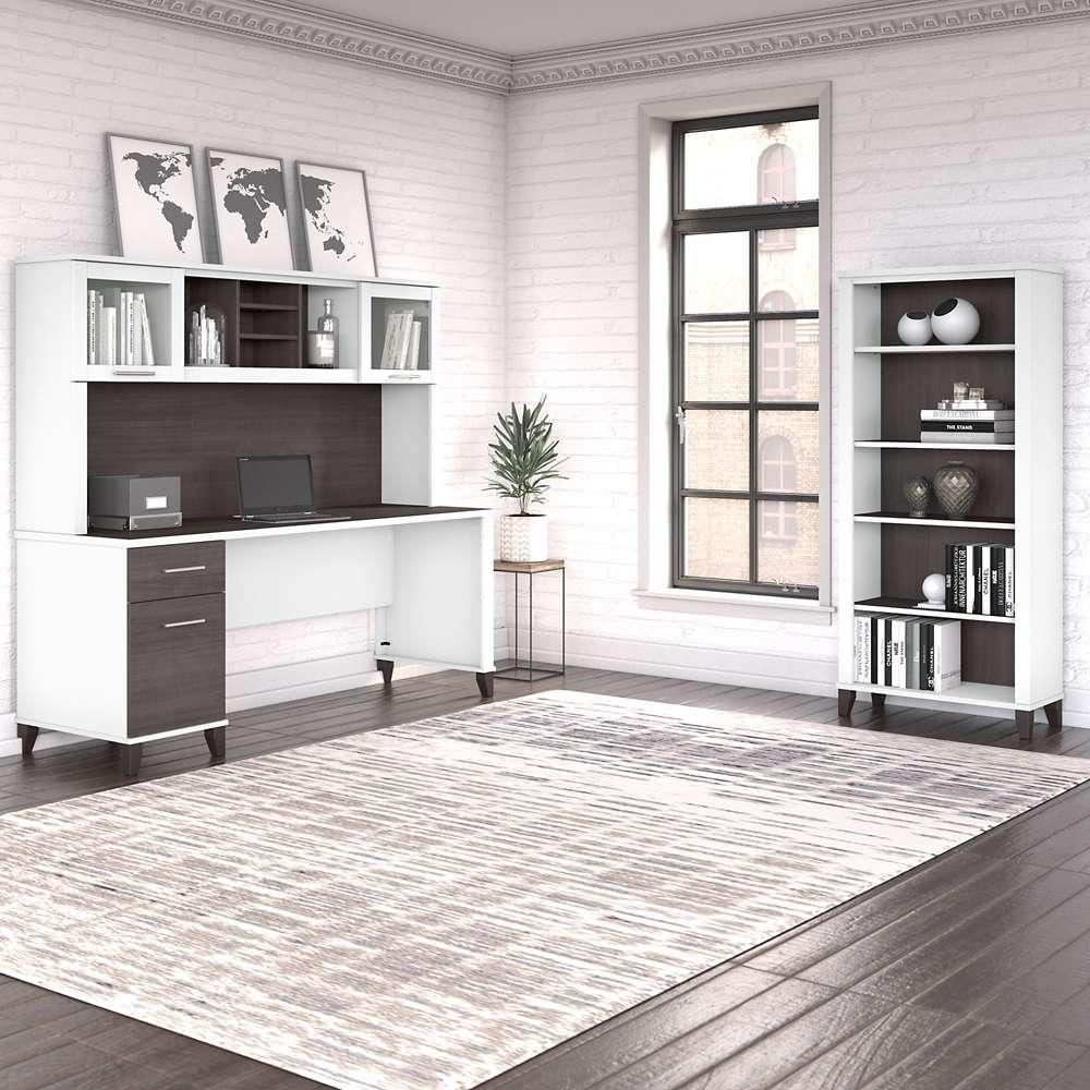 Bush Furniture - Somerset 72W Office Desk with Hutch and 5 Shelf Bookcase in White and Storm Gray - SET020SGWH veiw 4