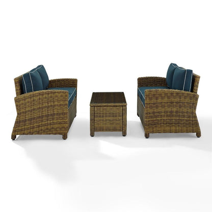 Crosley Furniture - Bradenton 3 Piece Outdoor Wicker Conversation Set Navy/Weathered Brown - 2 Loveseats & One Coffee Table - KO70165-NV veiw 1