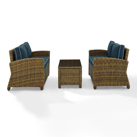 Crosley Furniture - Bradenton 3 Piece Outdoor Wicker Conversation Set Navy/Weathered Brown - 2 Loveseats & One Coffee Table - KO70165-NV veiw 1