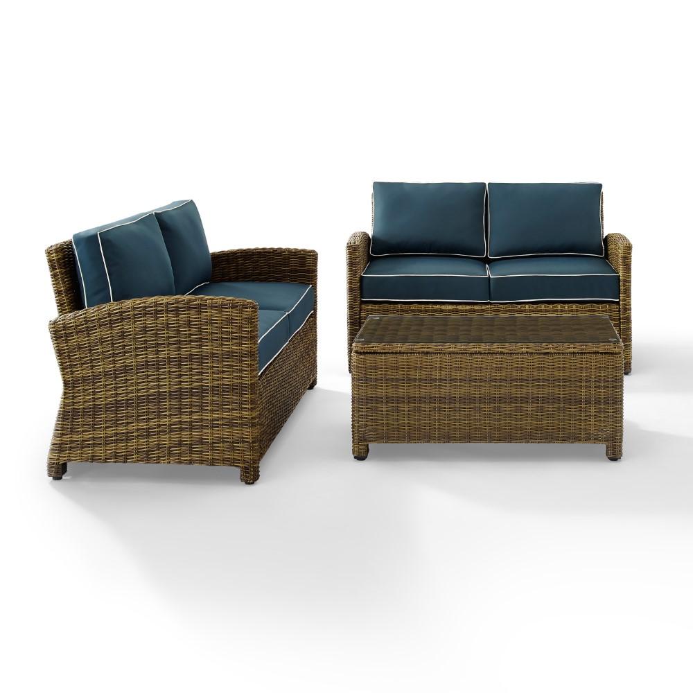 Crosley Furniture - Bradenton 3 Piece Outdoor Wicker Conversation Set Navy/Weathered Brown - 2 Loveseats & One Coffee Table - KO70165-NV veiw 2