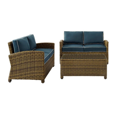 Crosley Furniture - Bradenton 3 Piece Outdoor Wicker Conversation Set Navy/Weathered Brown - 2 Loveseats & One Coffee Table - KO70165-NV veiw 3