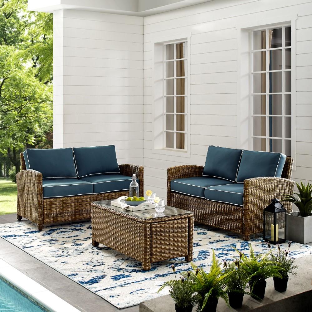 Crosley Furniture - Bradenton 3 Piece Outdoor Wicker Conversation Set Navy/Weathered Brown - 2 Loveseats & One Coffee Table - KO70165-NV veiw 4