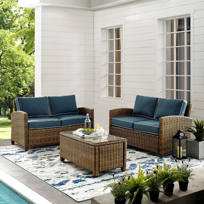Crosley Furniture - Bradenton 3 Piece Outdoor Wicker Conversation Set Navy/Weathered Brown - 2 Loveseats & One Coffee Table - KO70165-NV veiw 4