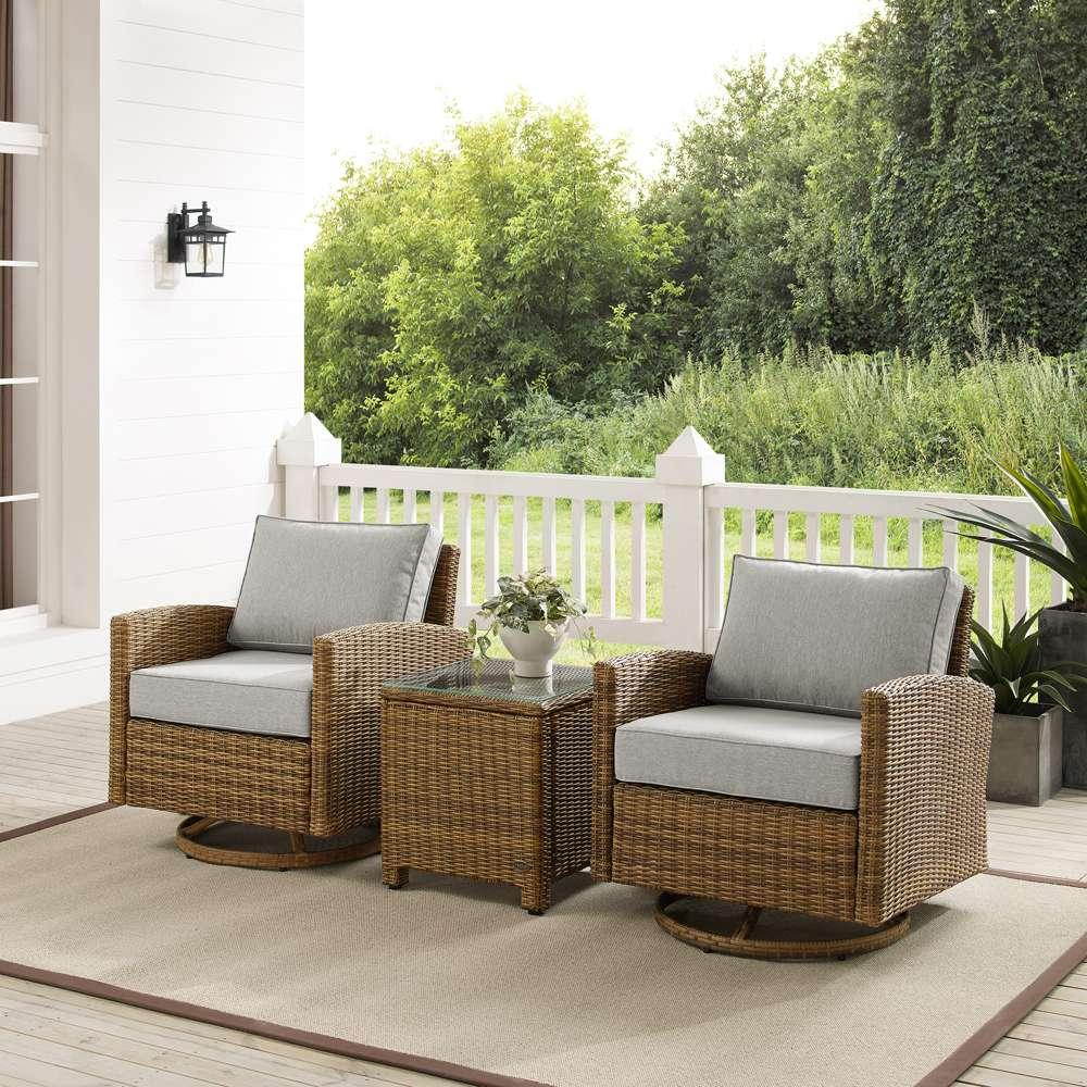 Crosley Furniture - Bradenton 3Pc Outdoor Wicker Swivel Rocker Chair Set Gray/Weathered Brown - Side Table & 2 Swivel Rockers - KO70424WB-GY veiw 1