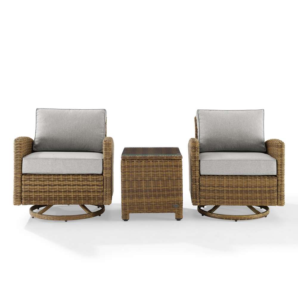 Crosley Furniture - Bradenton 3Pc Outdoor Wicker Swivel Rocker Chair Set Gray/Weathered Brown - Side Table & 2 Swivel Rockers - KO70424WB-GY veiw 3