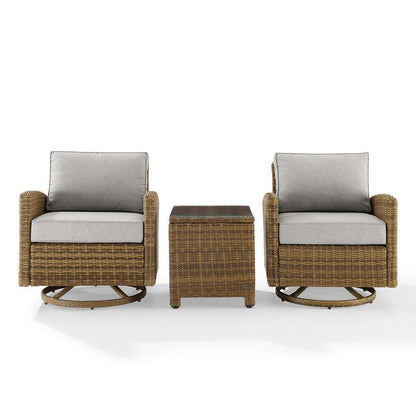 Crosley Furniture - Bradenton 3Pc Outdoor Wicker Swivel Rocker Chair Set Gray/Weathered Brown - Side Table & 2 Swivel Rockers - KO70424WB-GY veiw 3