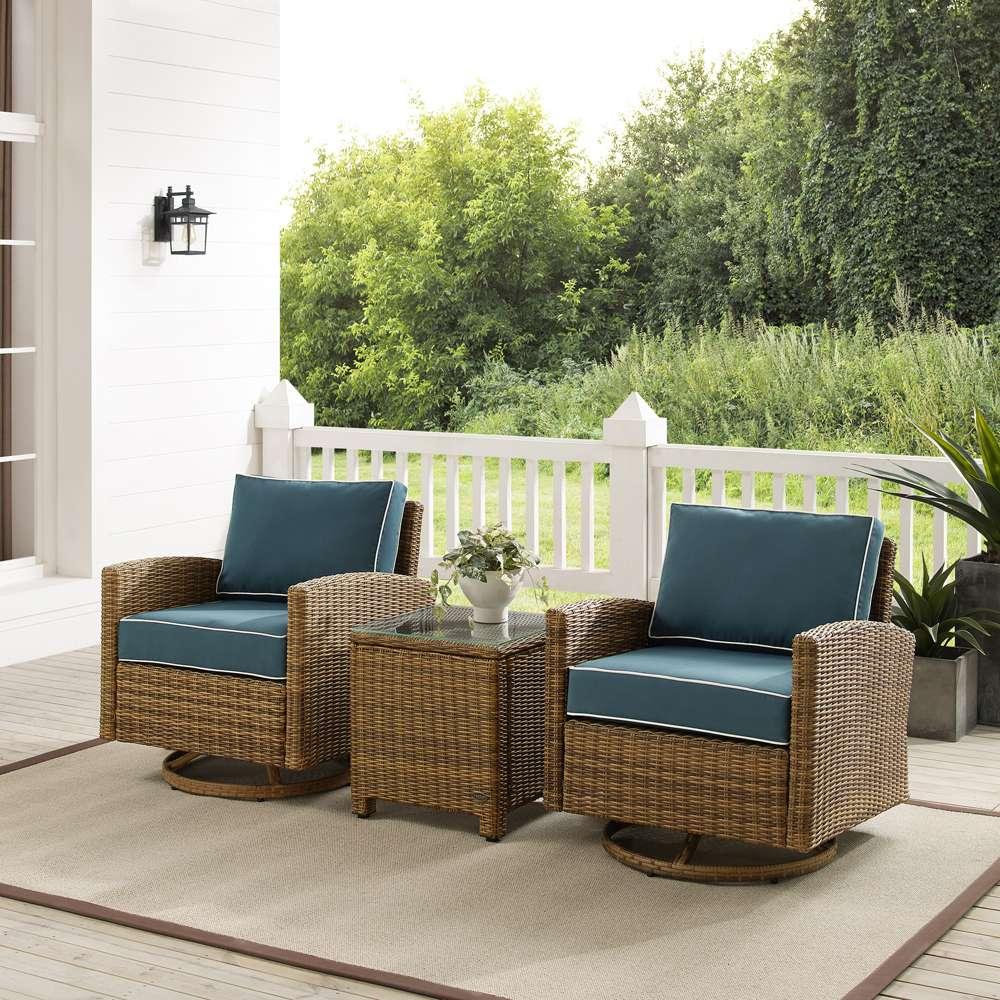 Crosley Furniture - Bradenton 3Pc Outdoor Wicker Swivel Rocker Chair Set Navy/Weathered Brown - Side Table & 2 Swivel Rockers - KO70424WB-NV veiw 1