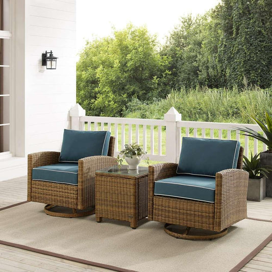 Crosley Furniture - Bradenton 3Pc Outdoor Wicker Swivel Rocker Chair Set Navy/Weathered Brown - Side Table & 2 Swivel Rockers - KO70424WB-NV veiw 1