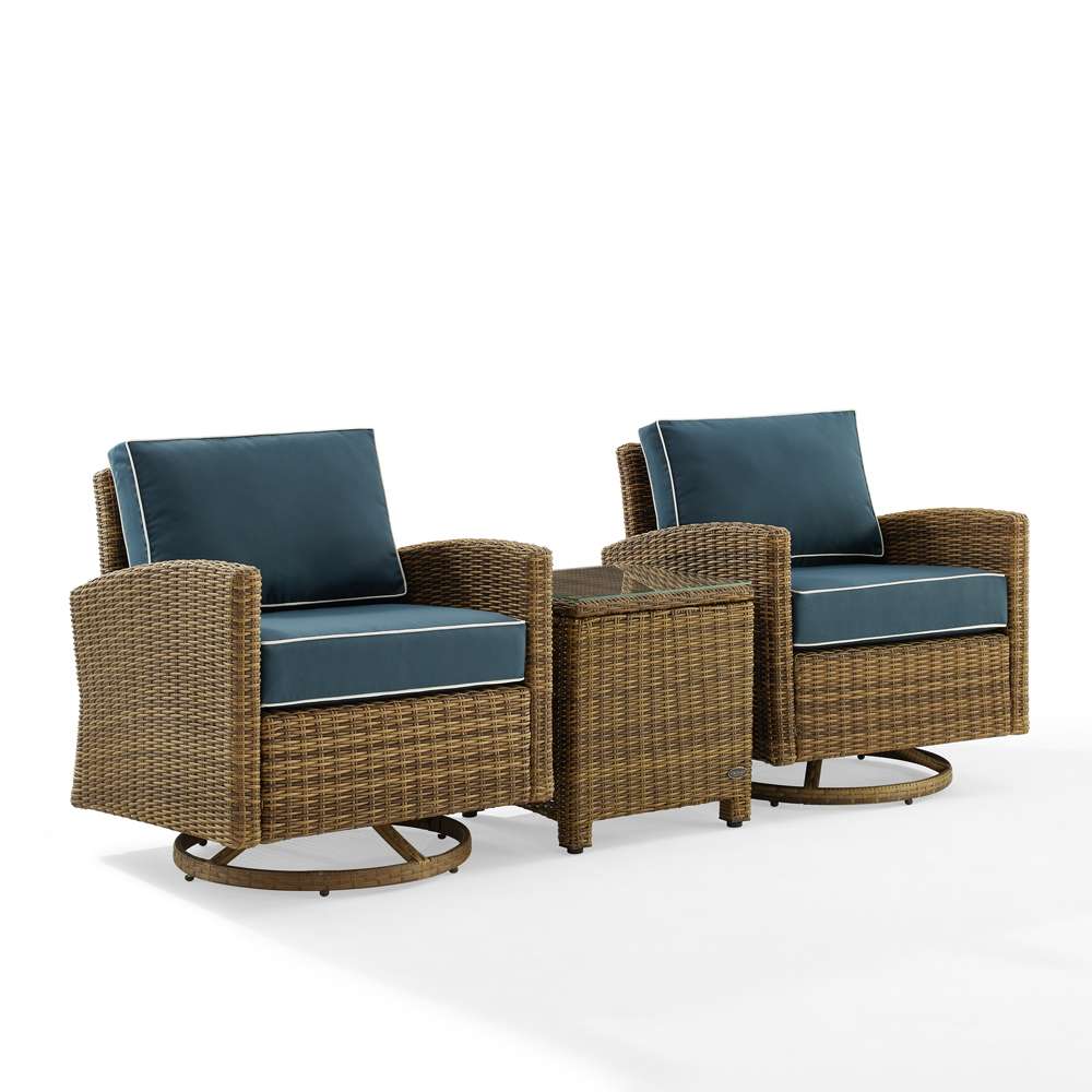 Crosley Furniture - Bradenton 3Pc Outdoor Wicker Swivel Rocker Chair Set Navy/Weathered Brown - Side Table & 2 Swivel Rockers - KO70424WB-NV veiw 2