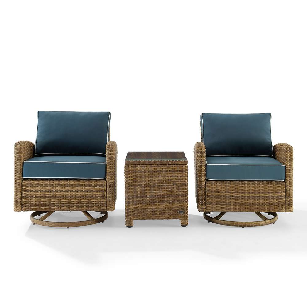 Crosley Furniture - Bradenton 3Pc Outdoor Wicker Swivel Rocker Chair Set Navy/Weathered Brown - Side Table & 2 Swivel Rockers - KO70424WB-NV veiw 3