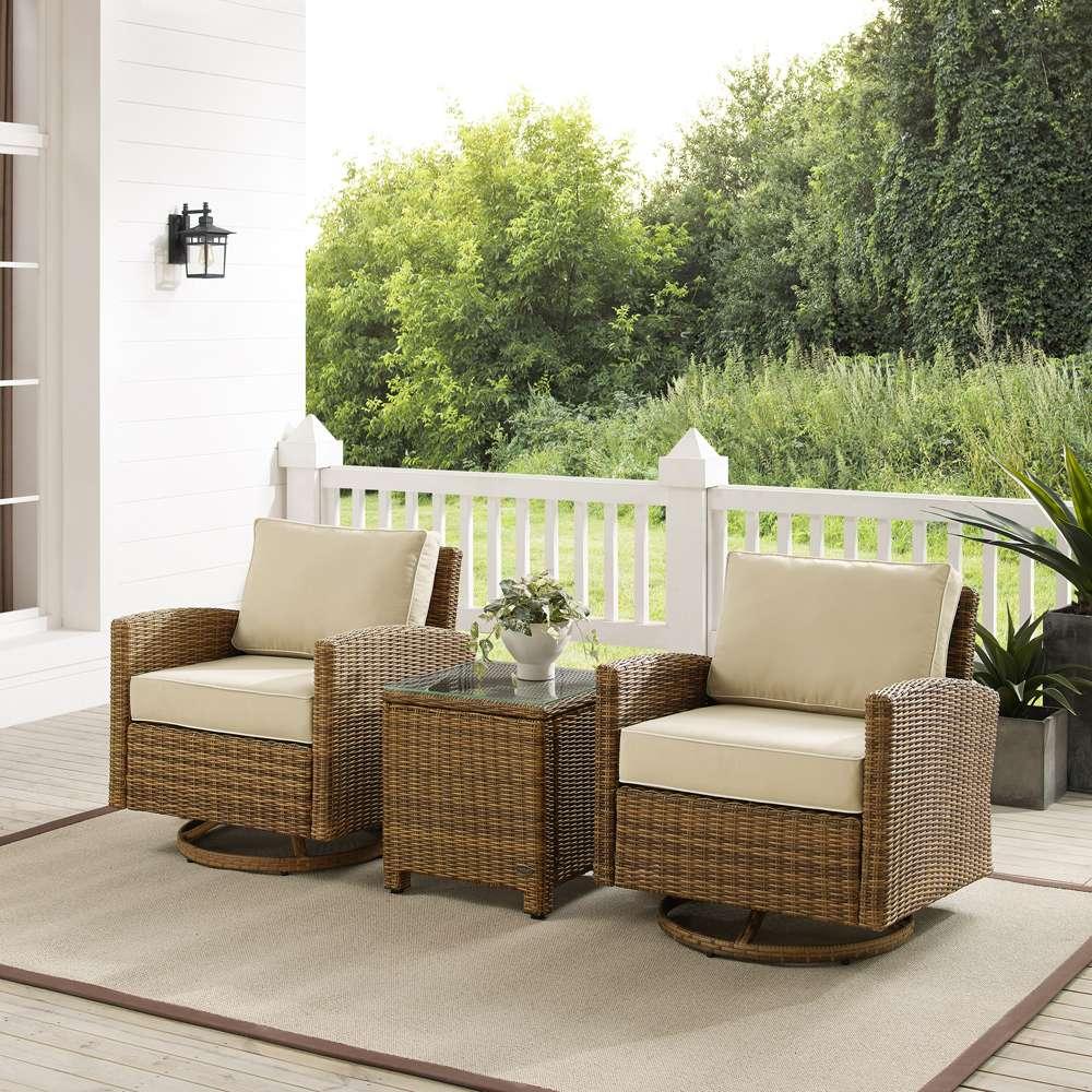 Crosley Furniture - Bradenton 3Pc Outdoor Wicker Swivel Rocker Chair Set Sand/Weathered Brown - Side Table & 2 Swivel Rockers - KO70424WB-SA veiw 1