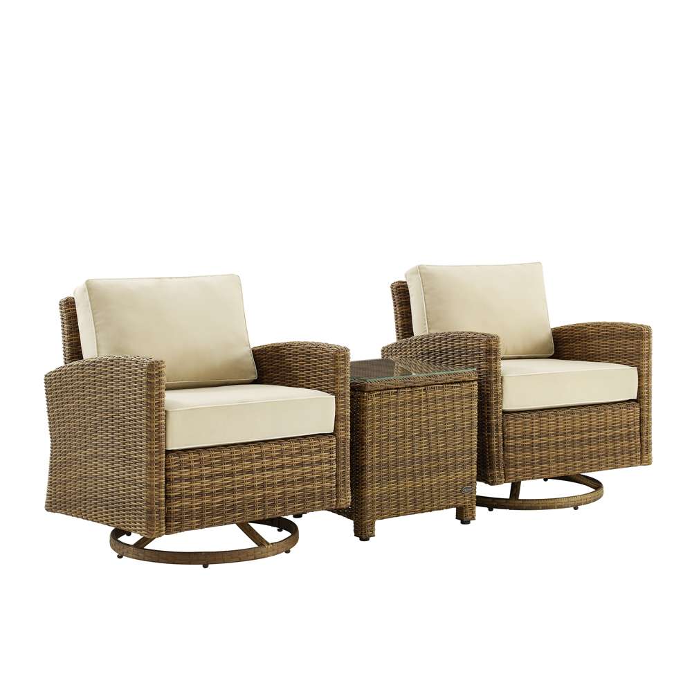 Crosley Furniture - Bradenton 3Pc Outdoor Wicker Swivel Rocker Chair Set Sand/Weathered Brown - Side Table & 2 Swivel Rockers - KO70424WB-SA veiw 2