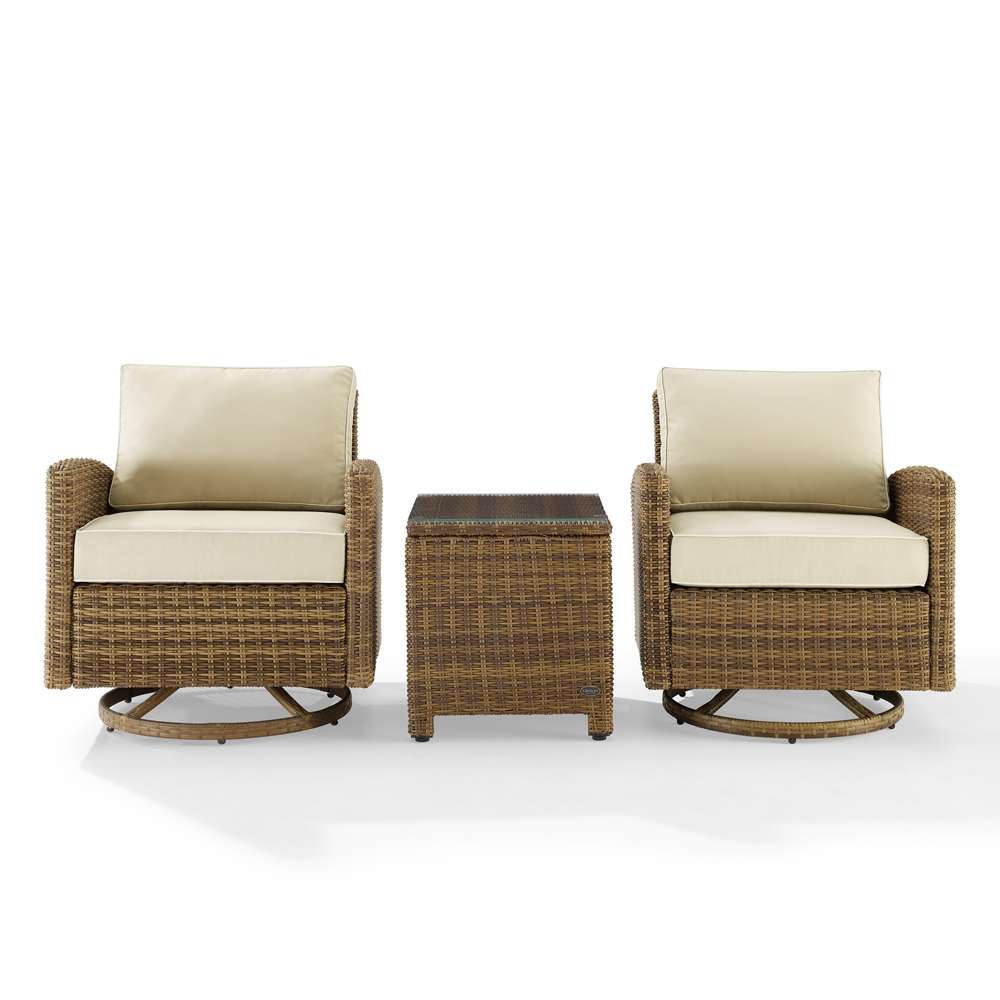 Crosley Furniture - Bradenton 3Pc Outdoor Wicker Swivel Rocker Chair Set Sand/Weathered Brown - Side Table & 2 Swivel Rockers - KO70424WB-SA veiw 3