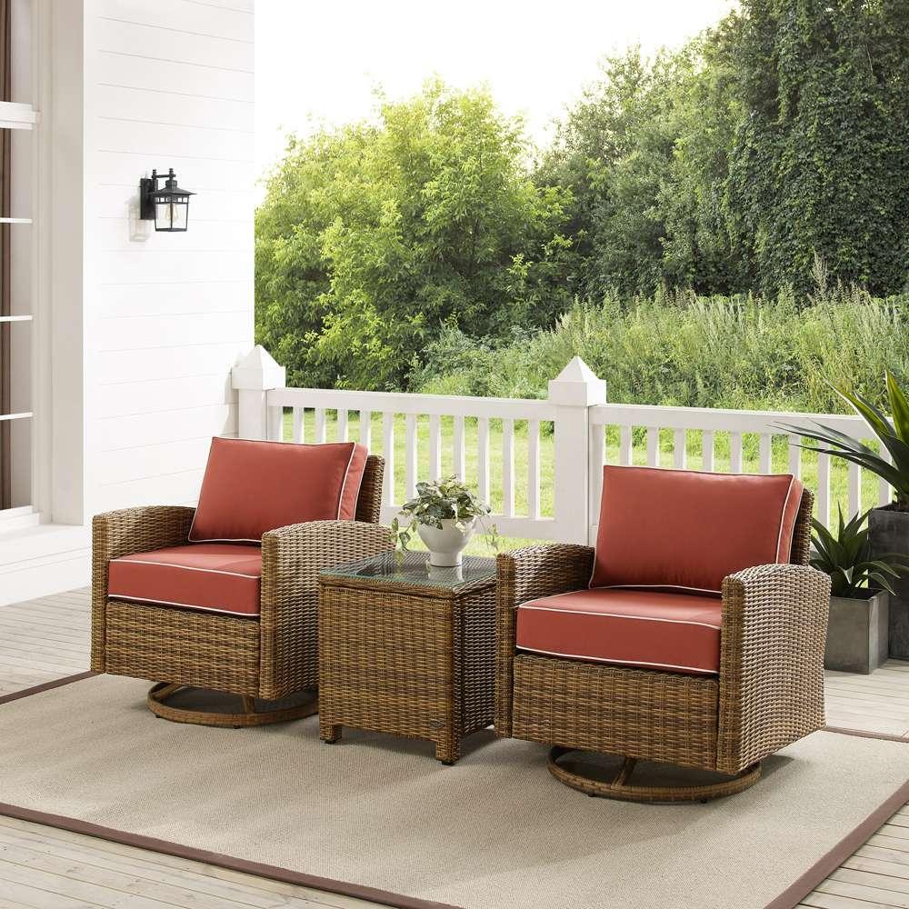 Crosley Furniture - Bradenton 3Pc Outdoor Wicker Swivel Rocker Chair Set Sangria/Weathered Brown - Side Table & 2 Swivel Rockers - KO70424WB-SG veiw 1