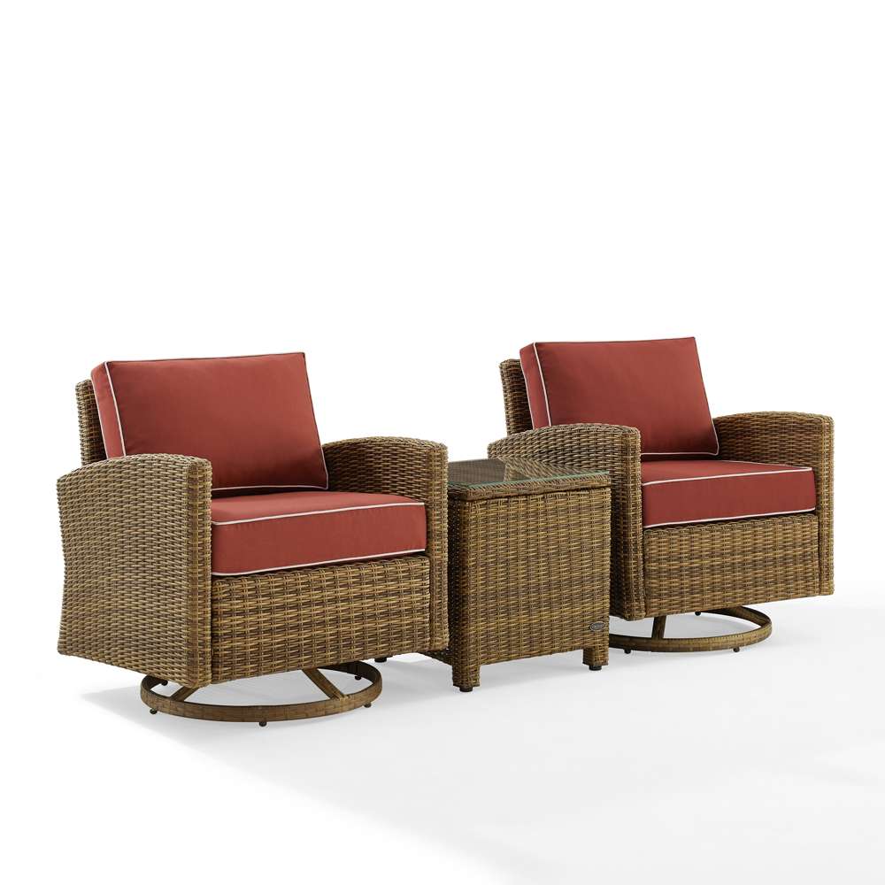 Crosley Furniture - Bradenton 3Pc Outdoor Wicker Swivel Rocker Chair Set Sangria/Weathered Brown - Side Table & 2 Swivel Rockers - KO70424WB-SG veiw 2