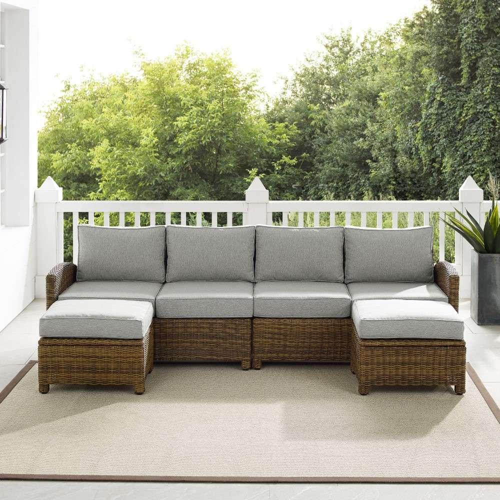 Crosley Furniture - Bradenton 4Pc Outdoor Wicker Sectional Set Gray -Weathered Brown - Left Loveseat, Right Loveseat, and 2 Ottomans - KO70187WB-GY veiw 2