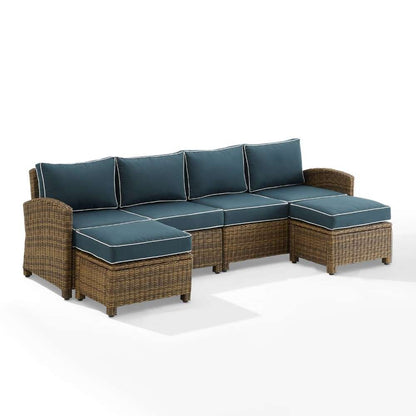Crosley Furniture - Bradenton 4Pc Outdoor Wicker Sectional Set Navy -Weathered Brown - Left Loveseat, Right Loveseat, and 2 Ottomans - KO70187WB-NV veiw 5