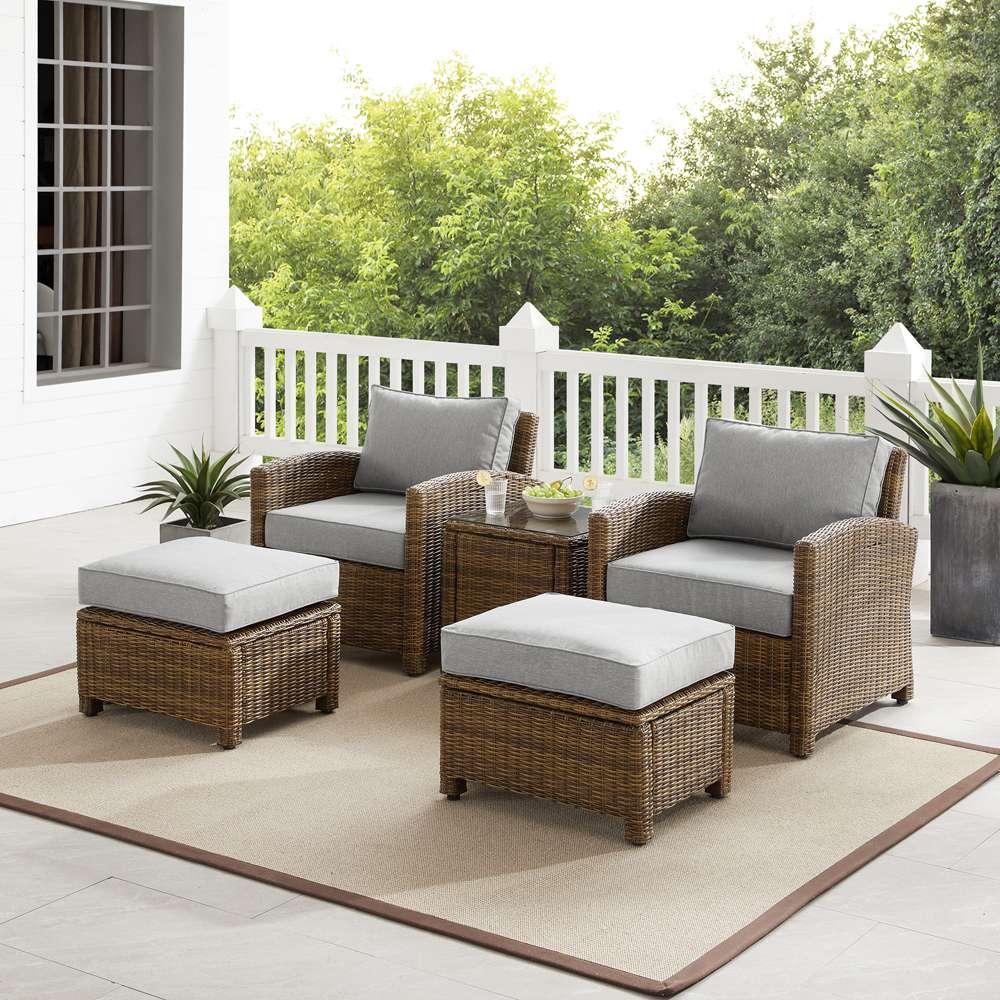 Crosley Furniture - Bradenton 5Pc Outdoor Wicker Armchair Set Gray /Weathered Brown - Side Table, 2 Arm Chairs & 2 Ottomans - KO70182WB-GY veiw 1