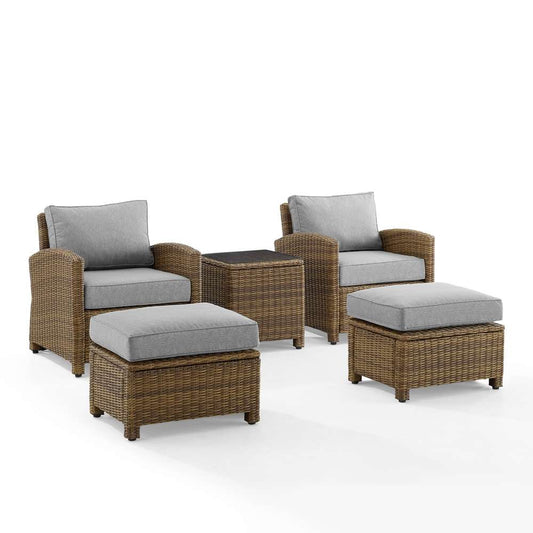 Crosley Furniture - Bradenton 5Pc Outdoor Wicker Armchair Set Gray /Weathered Brown - Side Table, 2 Arm Chairs & 2 Ottomans - KO70182WB-GY veiw 2