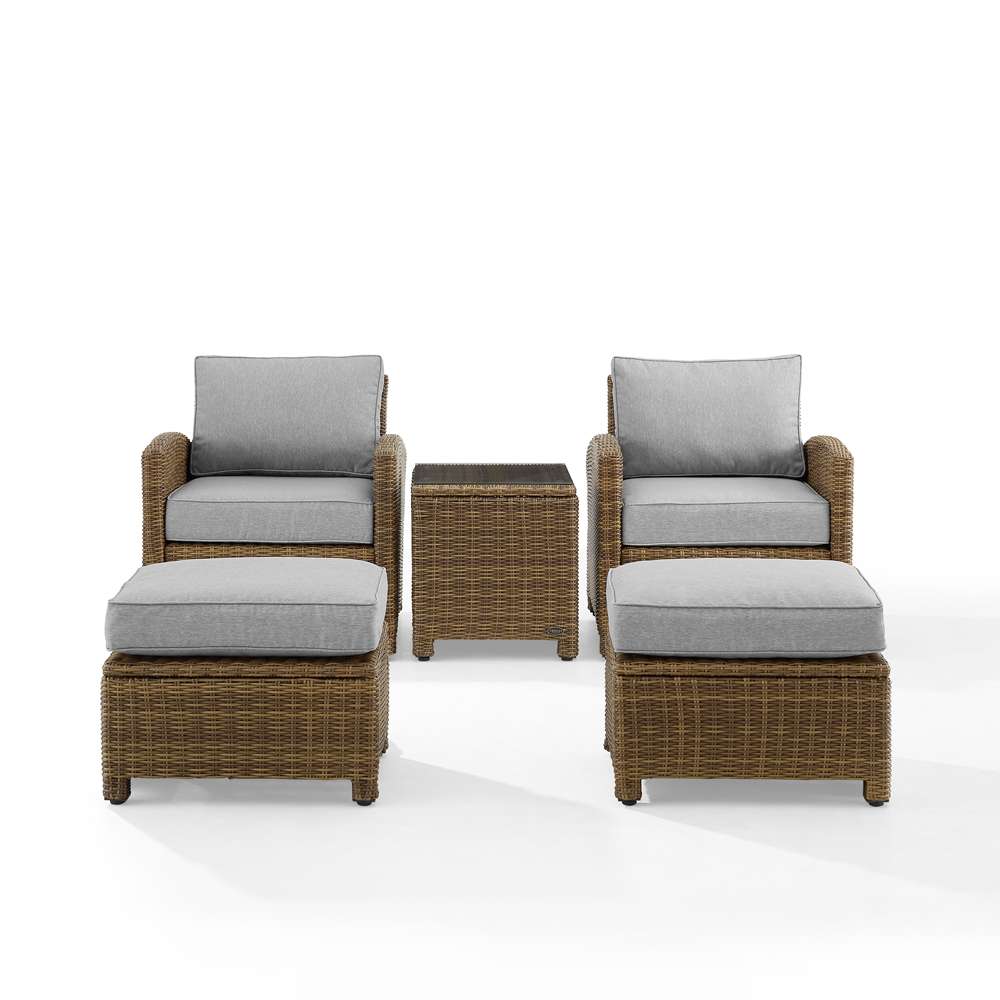 Crosley Furniture - Bradenton 5Pc Outdoor Wicker Armchair Set Gray /Weathered Brown - Side Table, 2 Arm Chairs & 2 Ottomans - KO70182WB-GY veiw 3