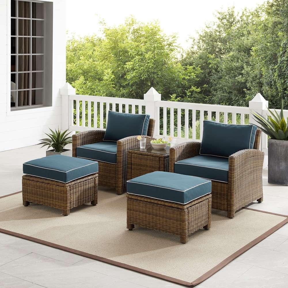 Crosley Furniture - Bradenton 5Pc Outdoor Wicker Armchair Set Navy/ Weathered Brown - Side Table, 2 Arm Chairs & 2 Ottomans - KO70182WB-NV veiw 1