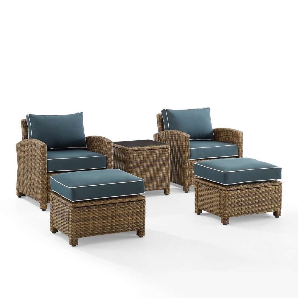 Crosley Furniture - Bradenton 5Pc Outdoor Wicker Armchair Set Navy/ Weathered Brown - Side Table, 2 Arm Chairs & 2 Ottomans - KO70182WB-NV veiw 2