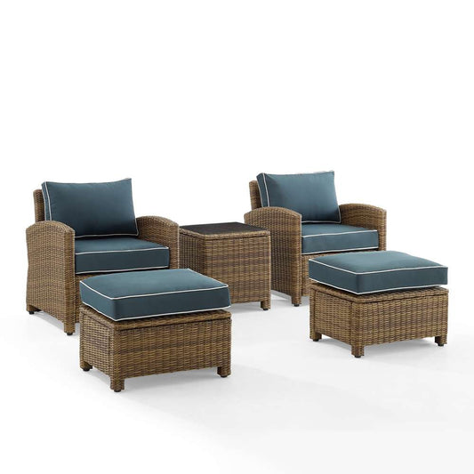 Crosley Furniture - Bradenton 5Pc Outdoor Wicker Armchair Set Navy/ Weathered Brown - Side Table, 2 Arm Chairs & 2 Ottomans - KO70182WB-NV veiw 2