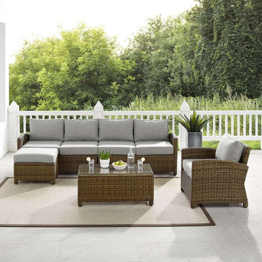 Crosley Furniture - Bradenton 5Pc Outdoor Wicker Sectional Set Gray -Weathered Brown - Left Loveseat, Right Loveseat, Armchair, Coffee Table, and Ottoman - KO70188WB-GY veiw 2